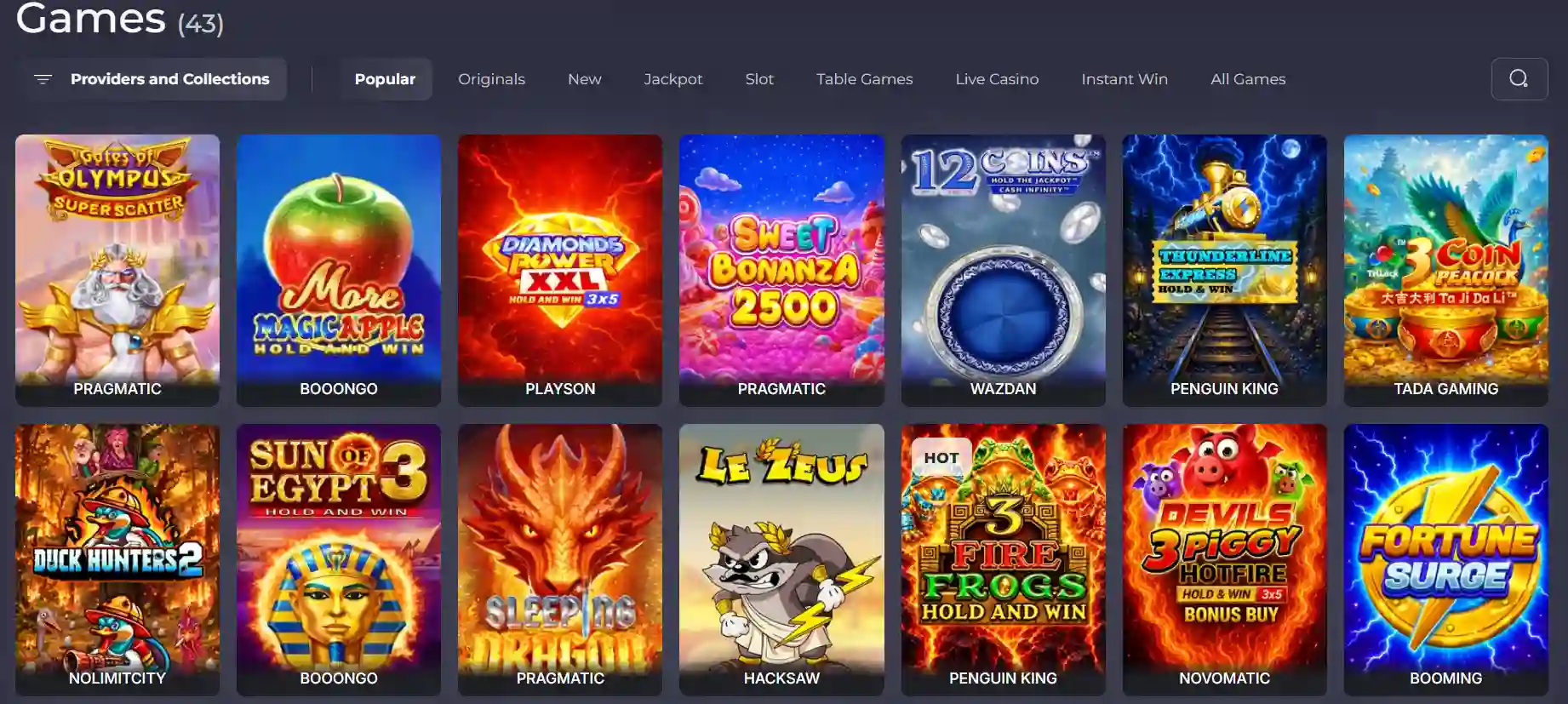 Current Royal Reels game lobby and game-category navigation